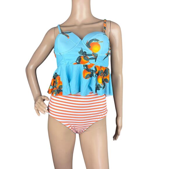 New Elonglin Blue Orange Fruit High Waist 2 Piece Tankini Swimsuit Set M - Picture 1 of 8